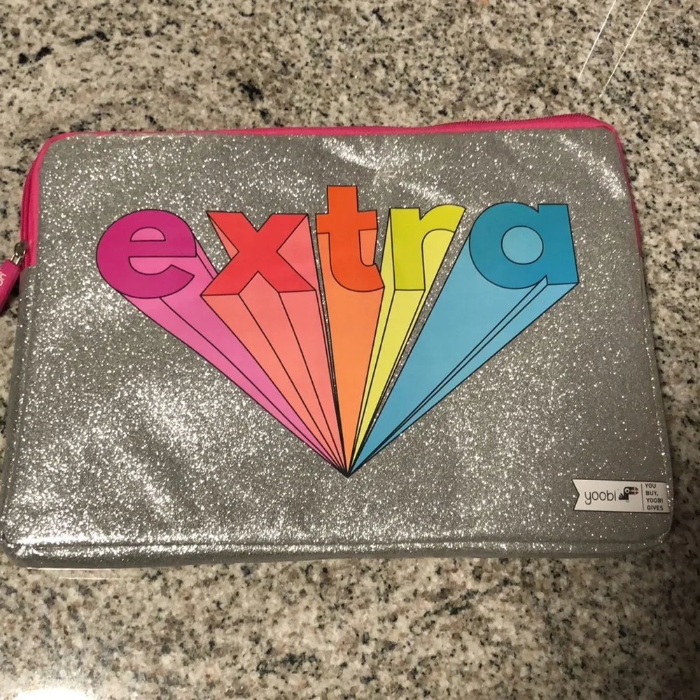 YOOBI Laptop Case In Metallic Silver Glitter With Rainbow Letters “Extra “